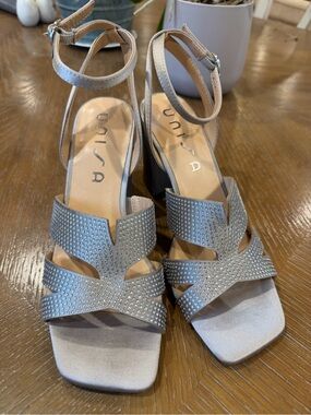 Unisa Silver Rhinestone Strappy Block-Heel Sandals